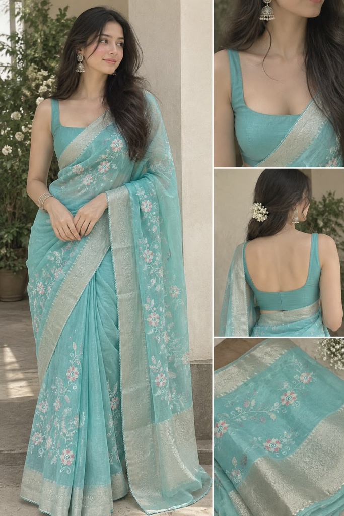Elegant Green Zari Border Saree with Floral Butti Work
