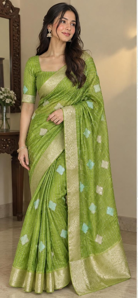 Elegant Green Zari Border Saree with Floral Butti Work