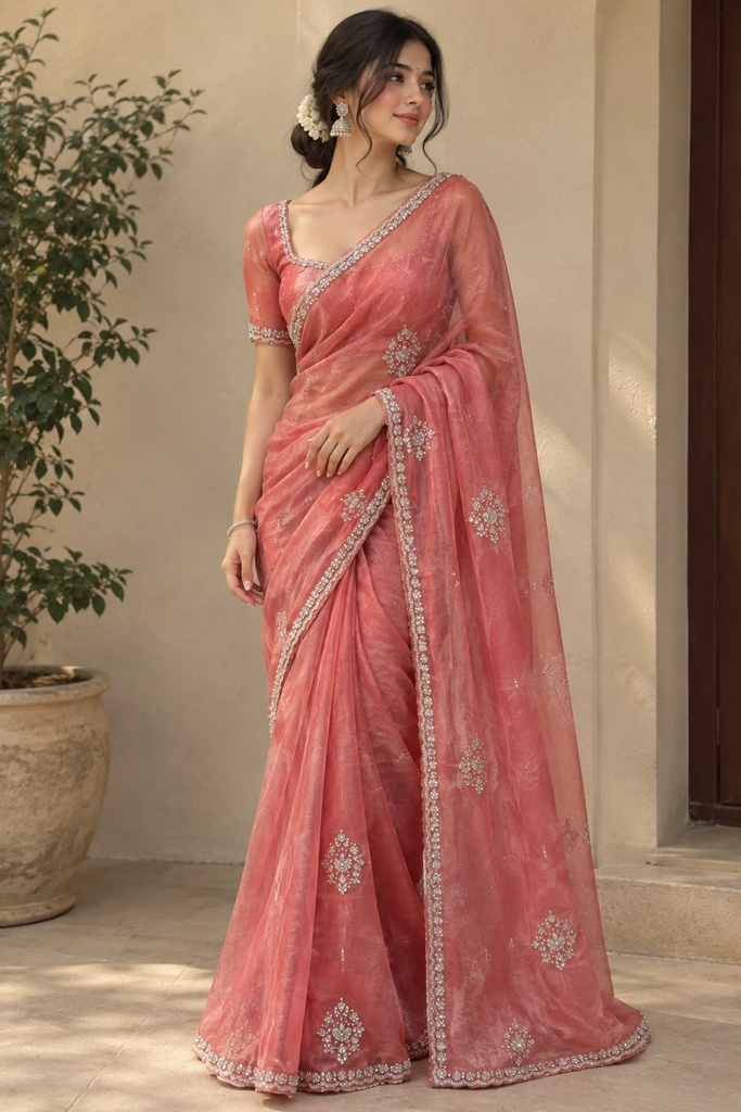 Elegant Coral Pink Organza Saree with Embellished Border