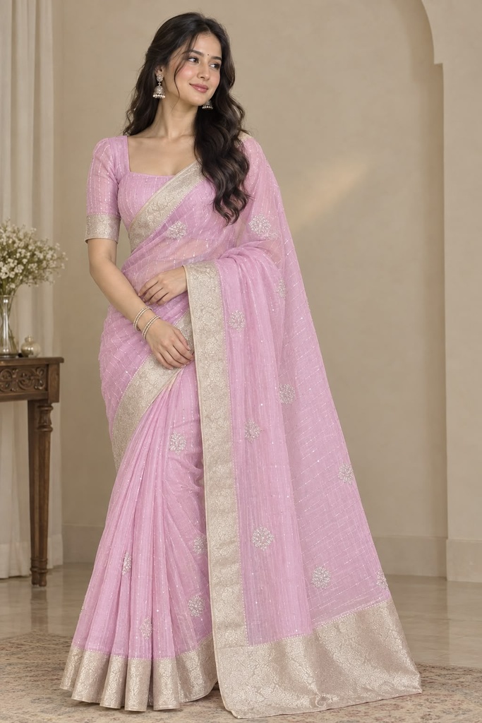 Elegant Pink Saree with Zari Embroidered Border