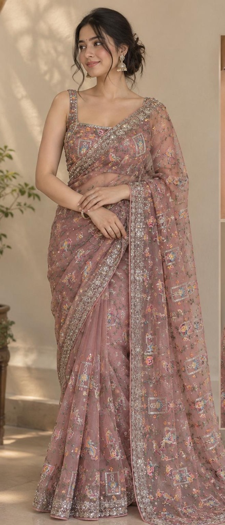 Designer Mauve Pink Floral Embroidered Net Saree with Intricate Border