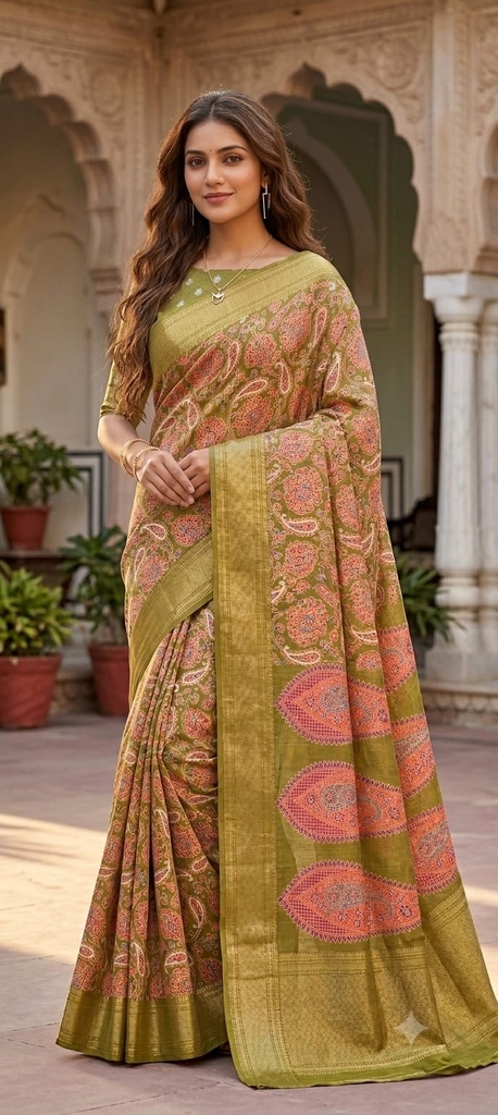 Olive Green Pashmina Print / Kashmiri Paisley Silk Saree