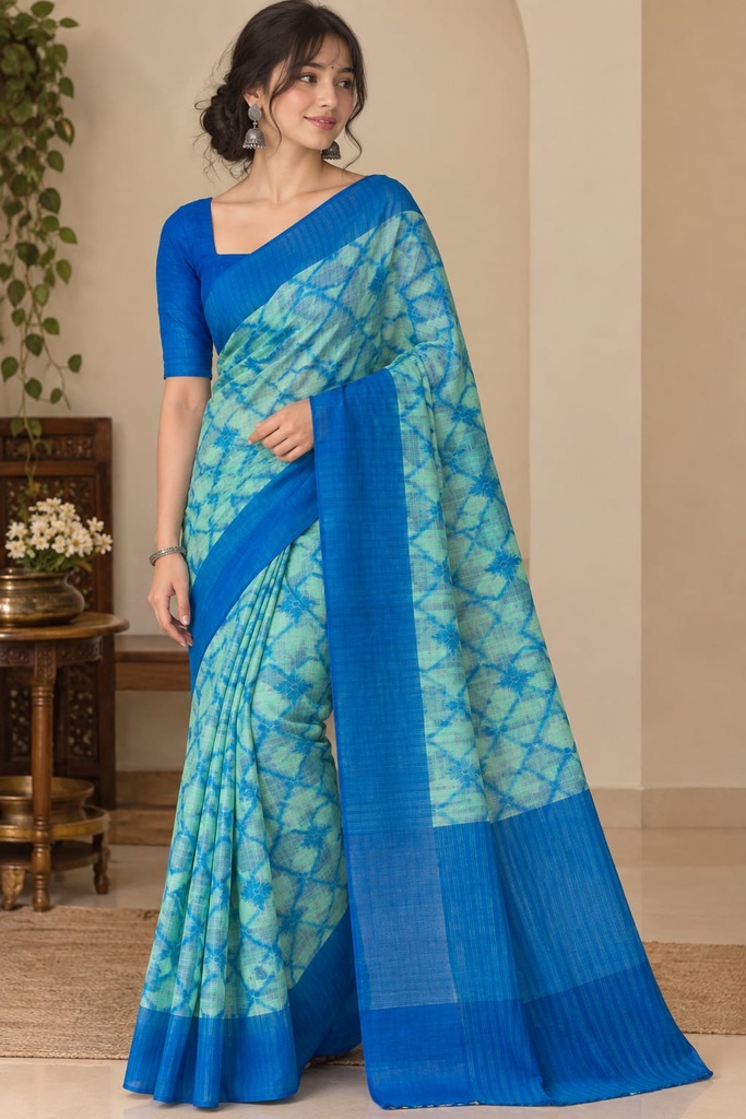 Vibrant Aqua & Royal Blue Geometric Printed Saree with Solid Textured Border