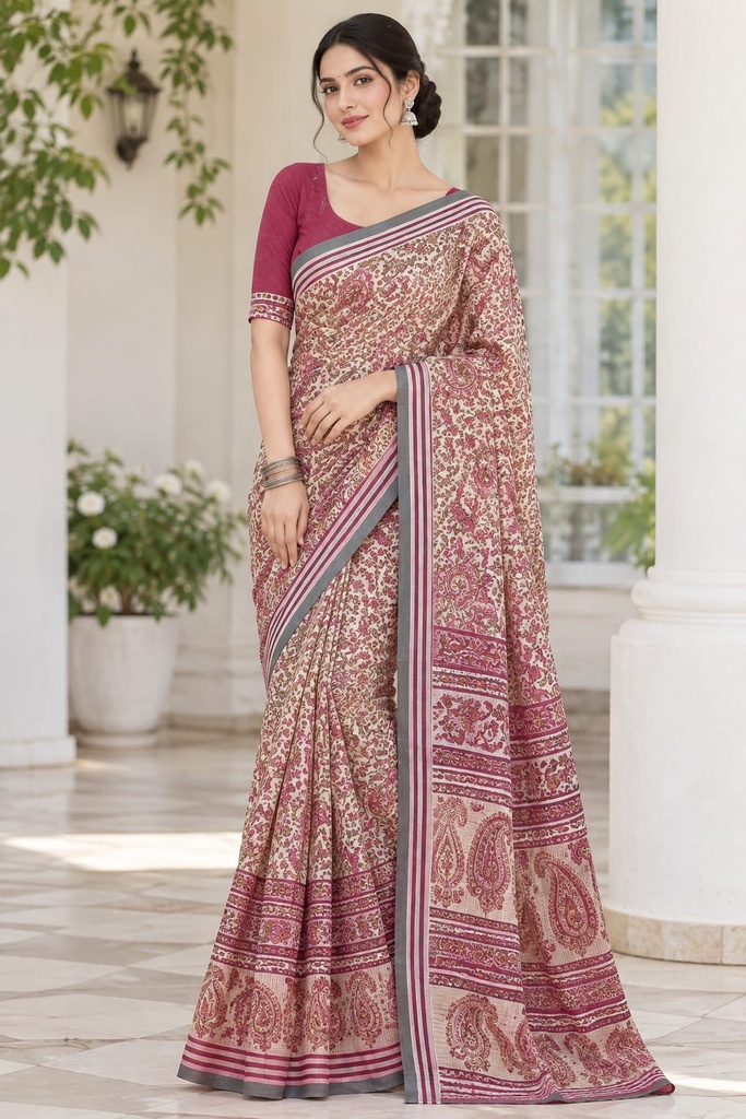 Elegant Floral Paisley Printed Cotton Saree with Contrast Border & Pallu