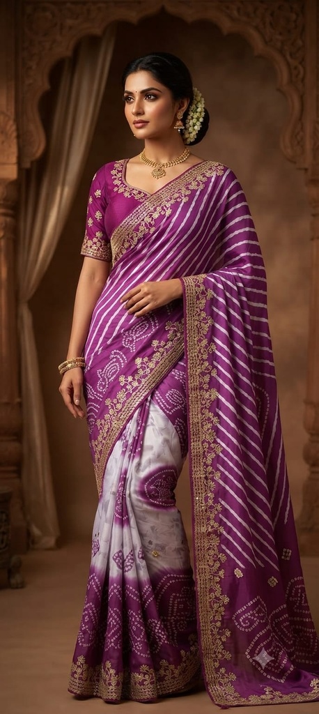 Royal Purple & White Bandhani Print Georgette Saree with Zari Embroidery
