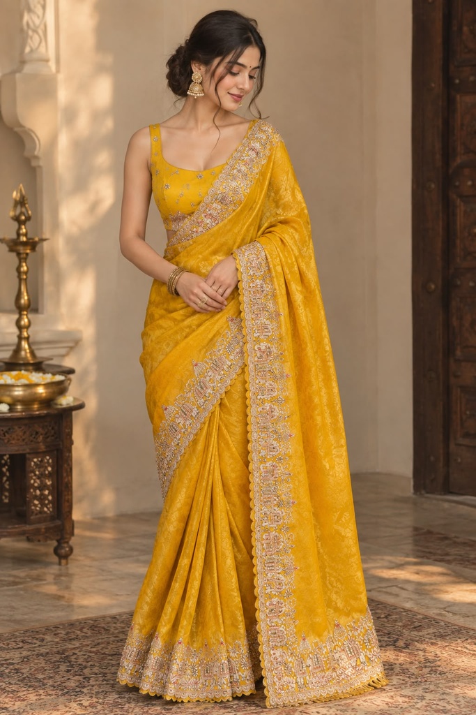 Designer Mustard Yellow Jacquard Saree with Intricate Embroidered Border